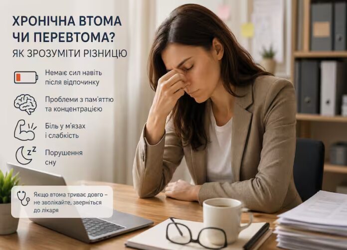 Хронічна втома Хронічна втома чи перевтома: втомлена людина працює за ноутбуком в офісі, що ілюструє постійну втому, причини втоми та синдром хронічної втоми.