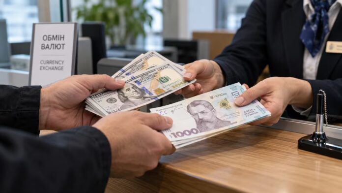 kurs dolara v Ukraini Обмін доларів на гривні в Україні — клієнт і касир передають банкноти доларів США та українських гривень у пункті обміну валют