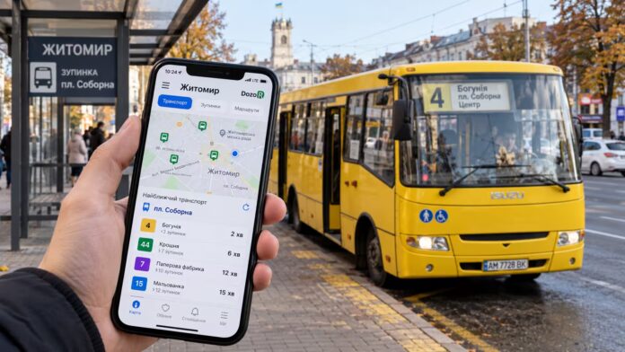 Розклад маршруток Житомира онлайн — смартфон із застосунком DozoR City для відстеження громадського транспорту на тлі жовтої маршрутки на зупинці
