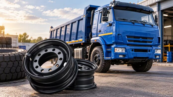 Shcho oznachaiut tsyfry na shyni KamAZ Чорні сталеві колісні диски та вантажні шини КамАЗ на тлі синьої вантажівки біля автосервісу.